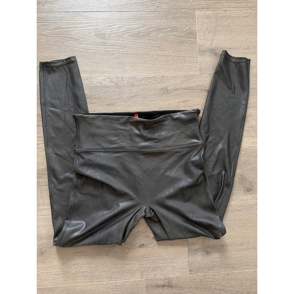 Spanx Faux Leather Leggings Gunmetal Grey Metallic High Waisted Womens XL TG